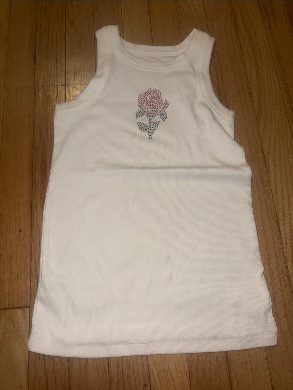 LOFT White Ribbed Tank with Pink Rose Accent